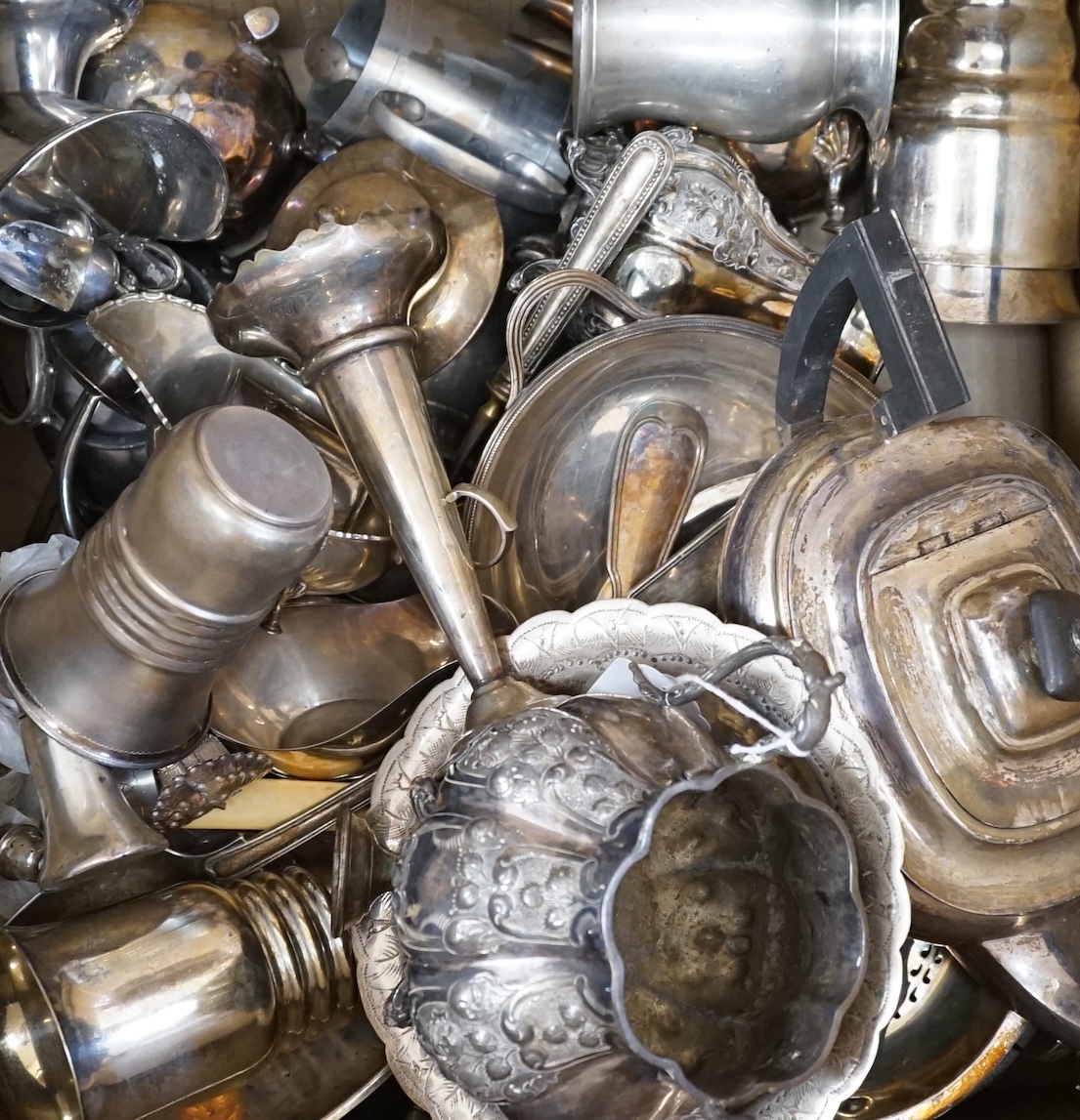 A large group of mixed silver plate to include dishes, teapot and tankard. Condition - varies, mostly fair